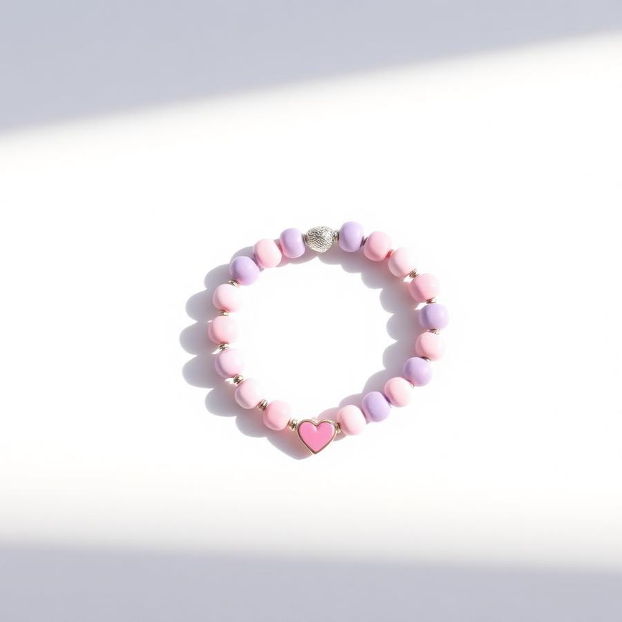 Cotton Candy handmade beaded bracelet β Fluffy pinks and pastel purples with a little heart charm.