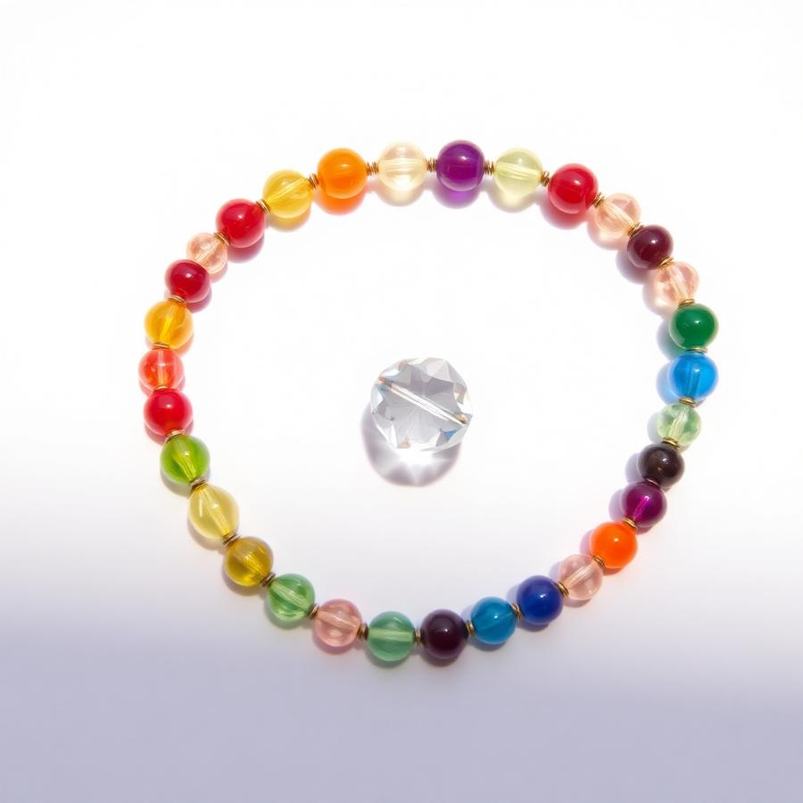 Rainbow Sparkle handmade beaded bracelet β A cheerful rainbow of glass beads with a sparkly crystal center.